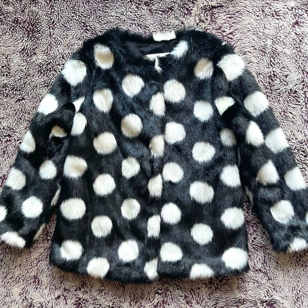 NEW KATE SPADE GIRLS BLACK/WHITE POLKA DOT FAUX FUR HOLIDAY COAT SIZE 8